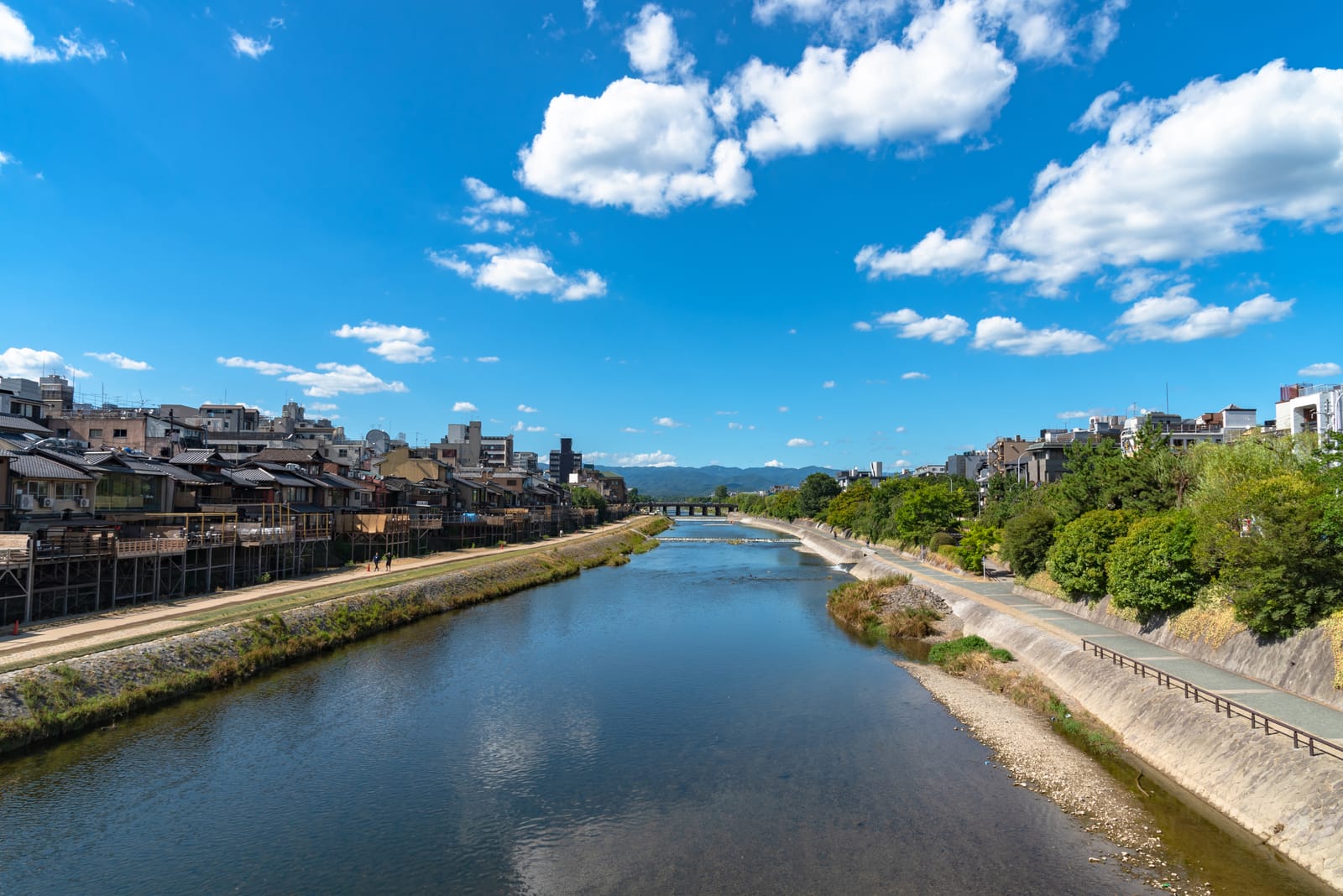 青空の下を流れる鴨川と川沿いの町並み